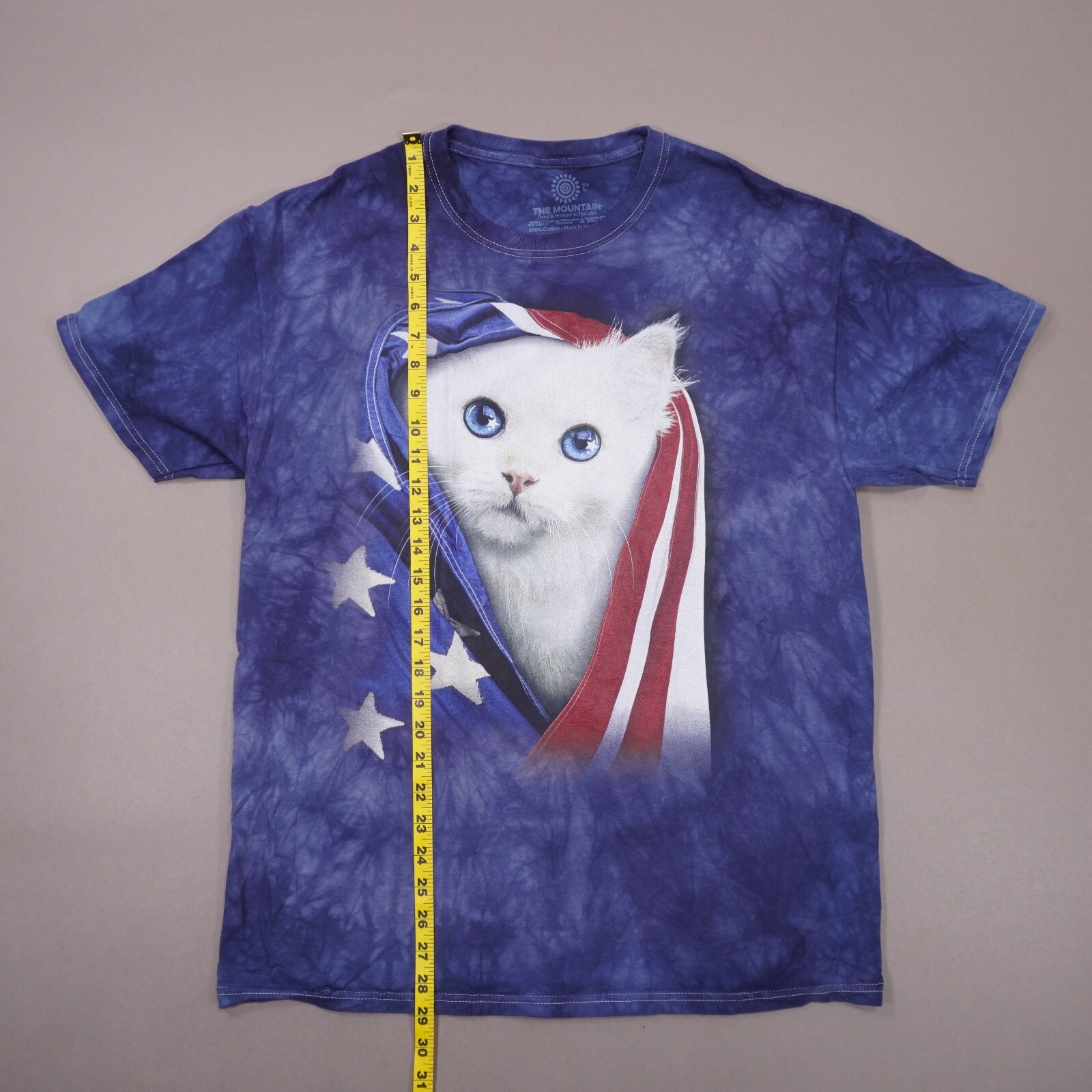 The Mountain USA Kitten Patriotic Graphic Mens Large Blue Tie Dye T Shirt NWOT gallery