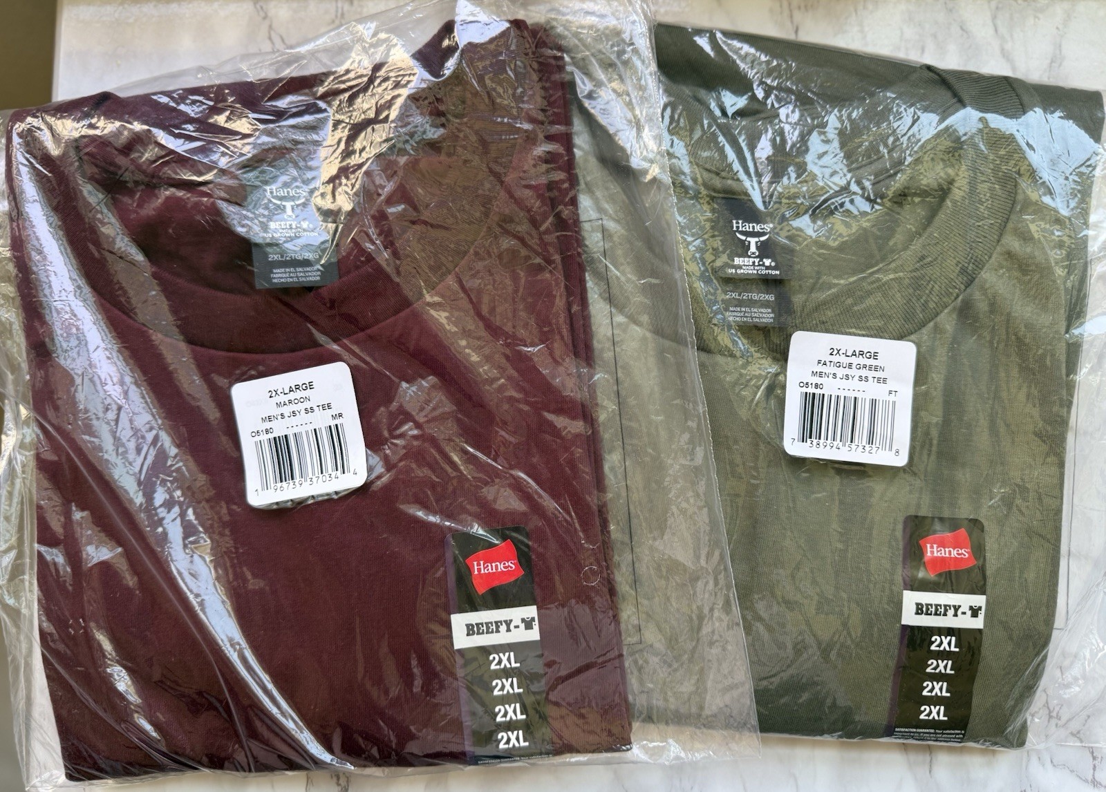Set Of 2 Hanes Beefy-T Cotton Crew Neck T-Shirt 5180 Maroon & Green Size 2XL NEW