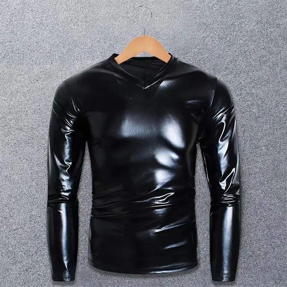 Men Shirts Tunic Top Metallic Shiny Wet Look T-Shirt Patent Leather Blouse gallery