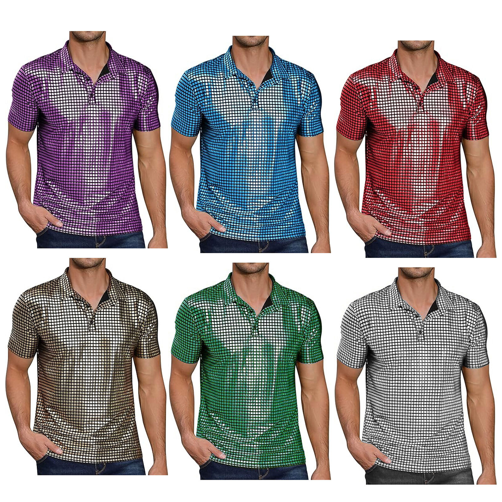 Mens Blouse Button Tops Festival Shirt Sequins Nightclub Metallic Costume Club gallery