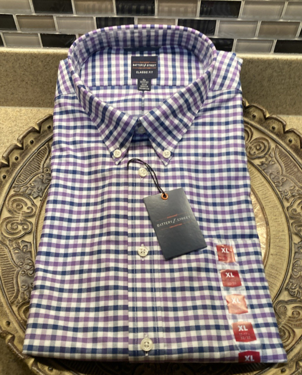 Dockers Battery Street Men’s 17-17.5 32/33 Blue Purple Check NWT gallery