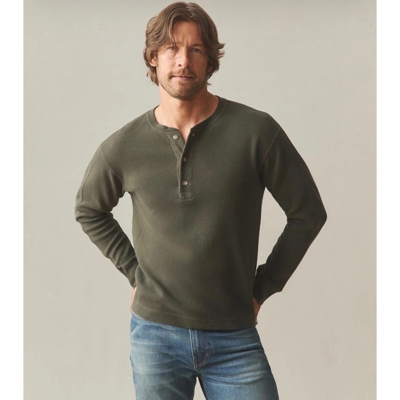 NEW American Giant Henley Shirt Mens Medium Olive Green Ribbed Long Sleeve USA