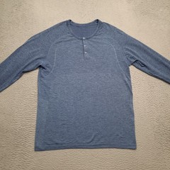 Lululemon Metal Vent Tech Shirt Men Large Blue Henley Long Sleeve Button Adult