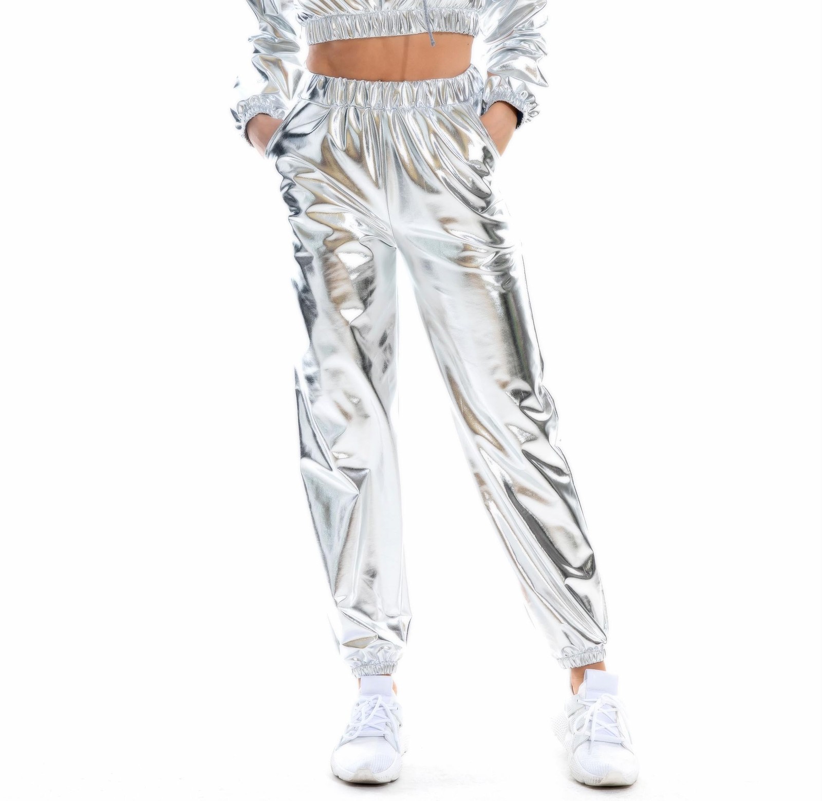 Women's Metallic Shiny Jogger Pants Holographic Hip Hop Streetwear Trousers gallery