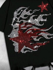 New Men Luxury Diamond Flame Rhinestone Black Fashion T-Shirt High Quality