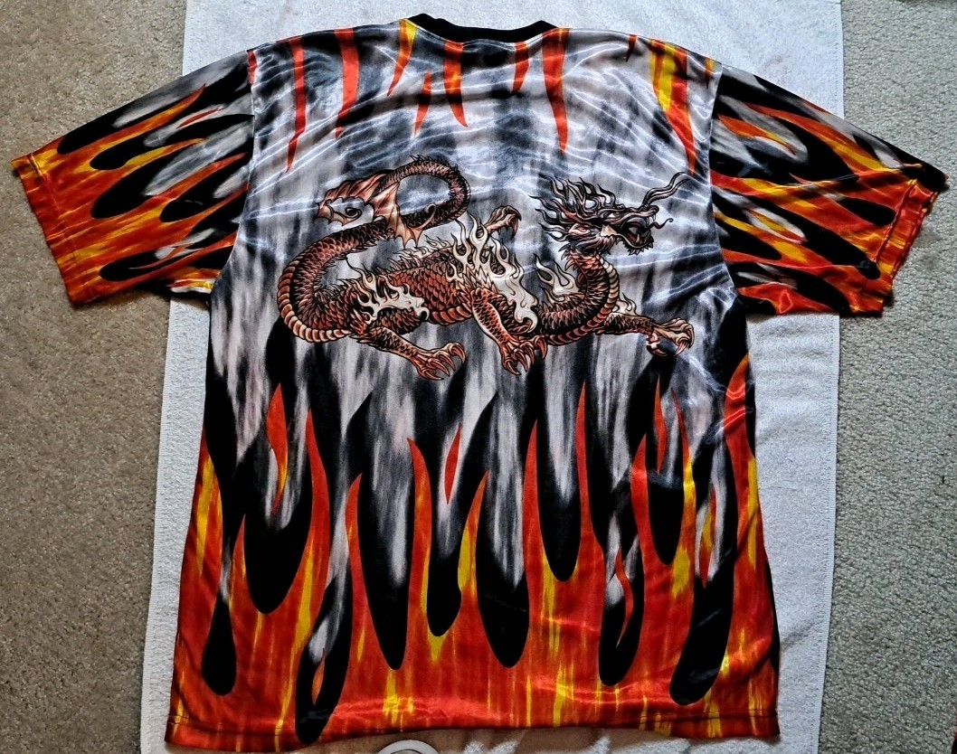Vintage Y2K Dragon in Flames No Boundaries Sheer Tee Shirt Size XL Silver Red gallery