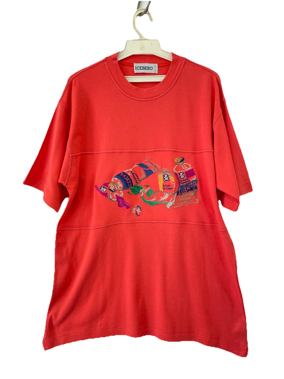 H30#Vintage ICEBERG Italy Red Graphic Paint Tube Embroidered T-Shirt Size L gallery