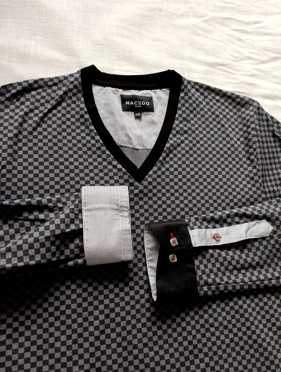 Maceoo Shirt Mens 3 Medium V-Neck Jacquard Square Grey Flip Cuff Roll-up Sleeve gallery