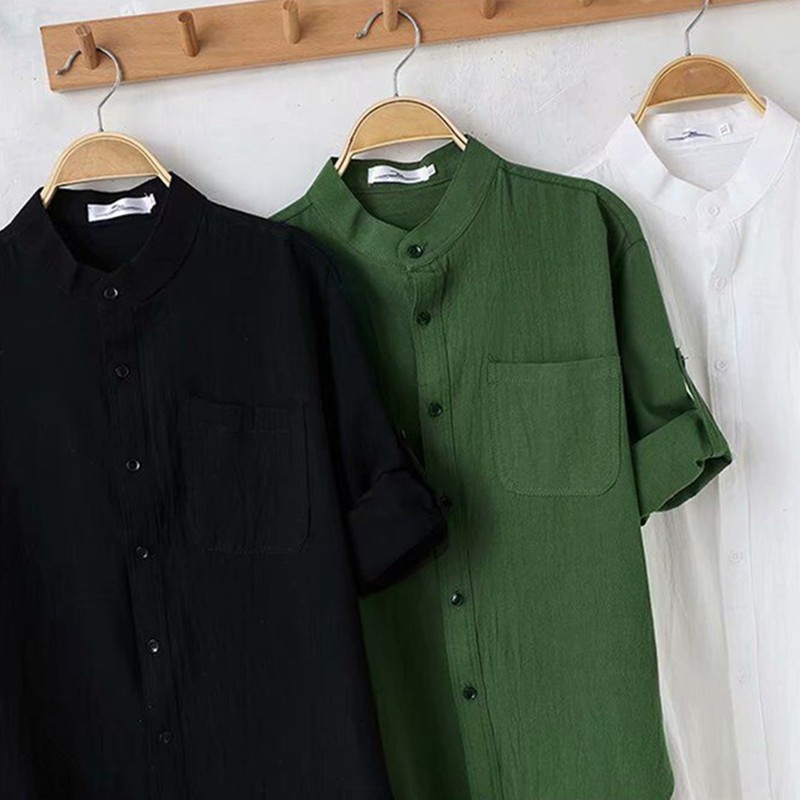 Men's Linen Stand Collar Five Quarter Sleeve Shirt Cotton Linen Casual Shirt gallery