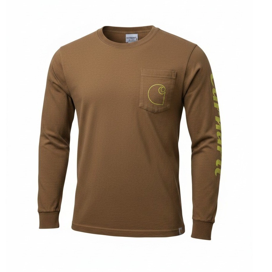 Carhartt Long Sleeve T-Shirt Mens Large Brown M Graphic Pocket Logo Tee