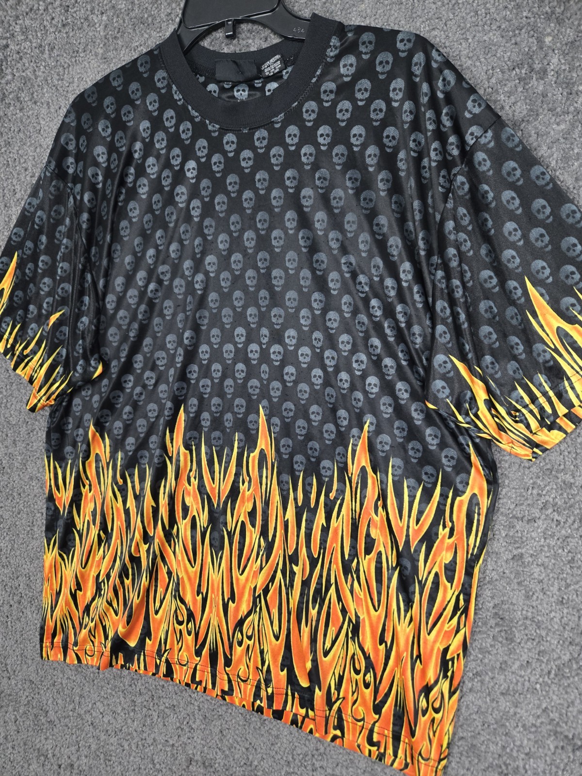 Y2K No Boundaries Skull Shirt Men's XL Sheer Flame 2000s Tribal Skate Polyester gallery