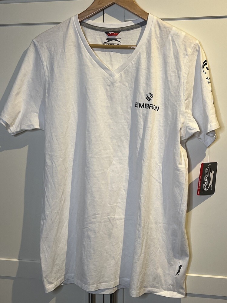 Slazenger Embron Global Technology Group T-shirt Size Large White V-neck NEW