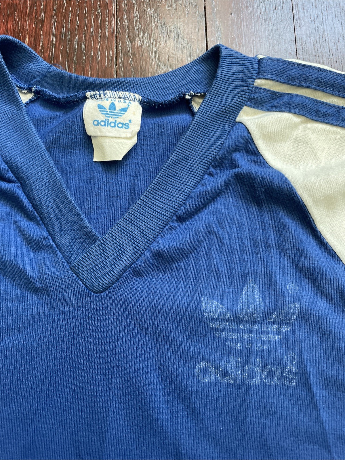 80s Vtg Adidas Trefoil USA MADE V-Neck LONG jersey Tee shirt blue white size M gallery