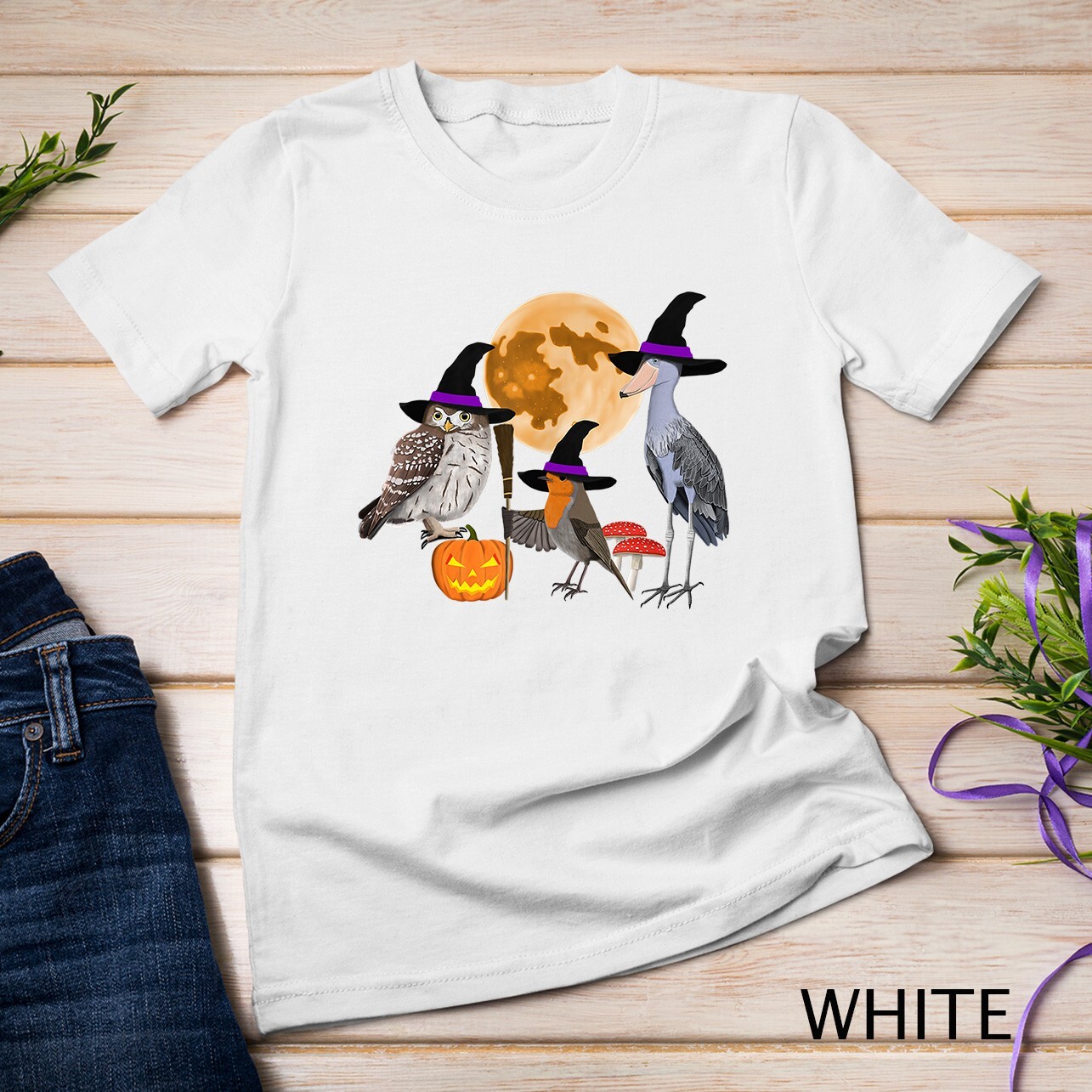 Halloween Birds Robin Owl Shoebill Pumpkin Moon Witch T-Shirt Unisex T-shirt