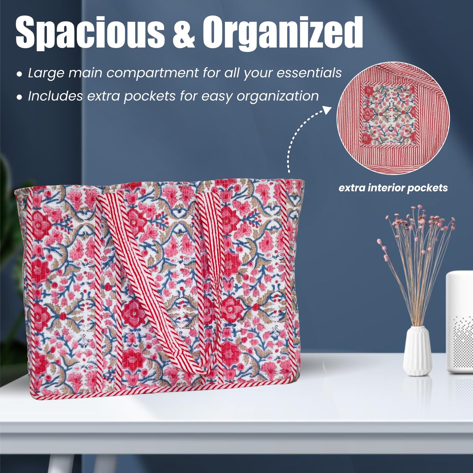 Large Floral Quilted Tote Bag for Women - Canvas Travel Shoulder Bag with Zipper gallery