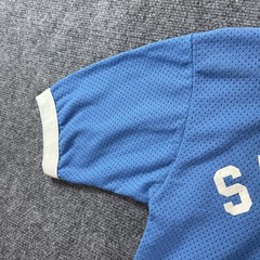 VTG 70s Nylon Mesh Flock Printed V Neck Jersey Mens M Blue Baseball Football
