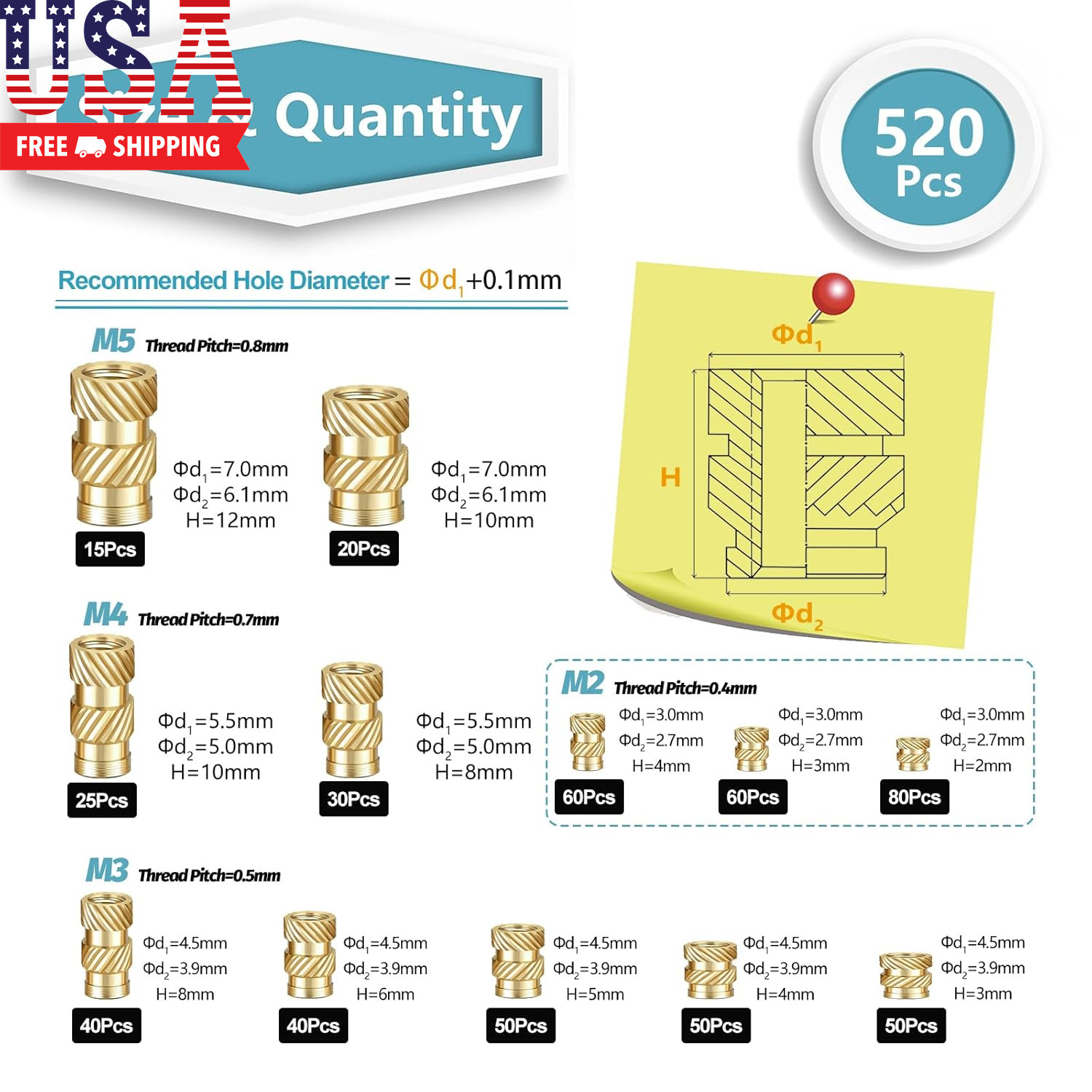 150 Pcs M4 Threaded Inserts for Plastic with Heat Set Tip,M4*(6Mm-10Mm Hight)*5.
