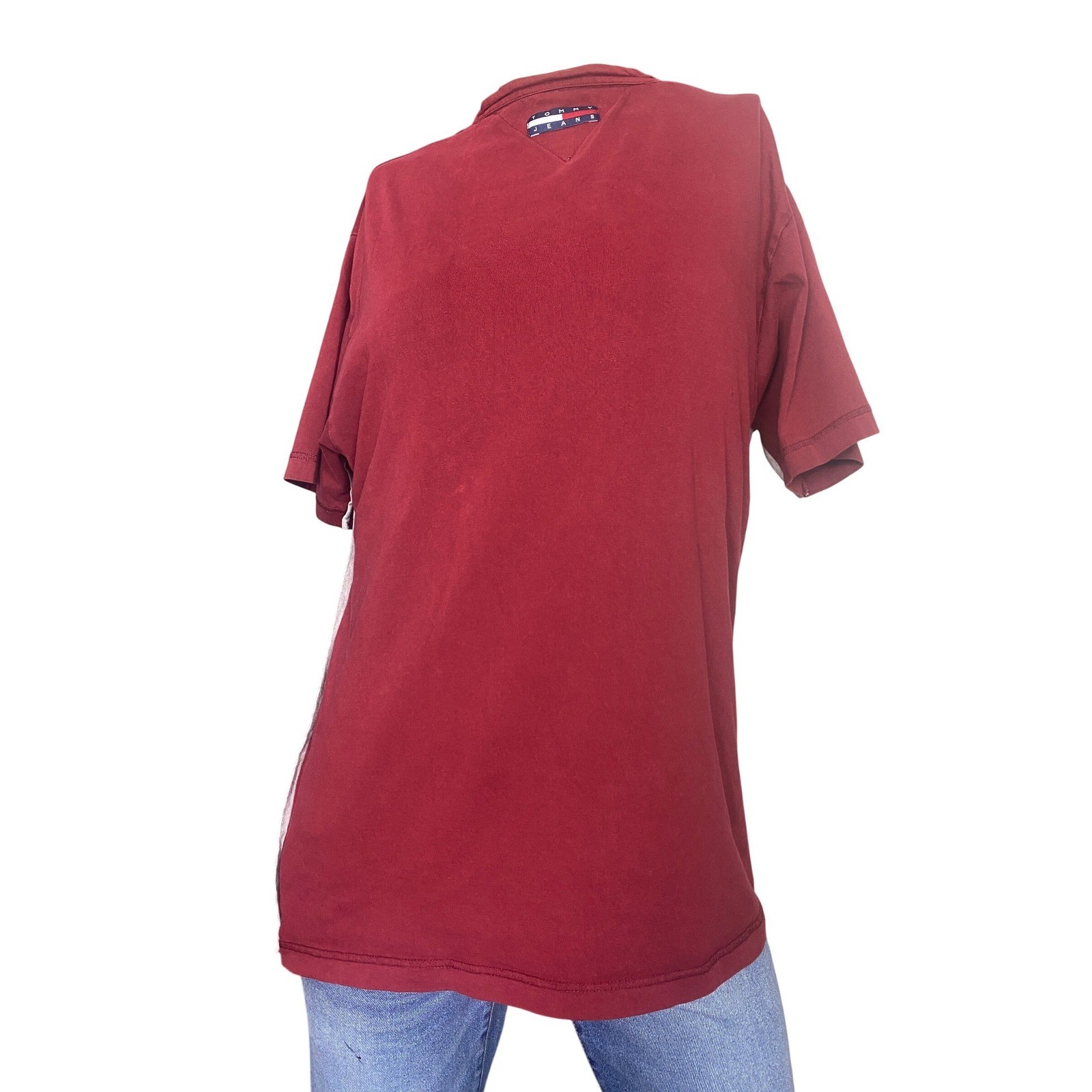 Vintage Tommy Jeans Mens Large Red V Neck Pocket T Shirt Flag Logo 90s gallery