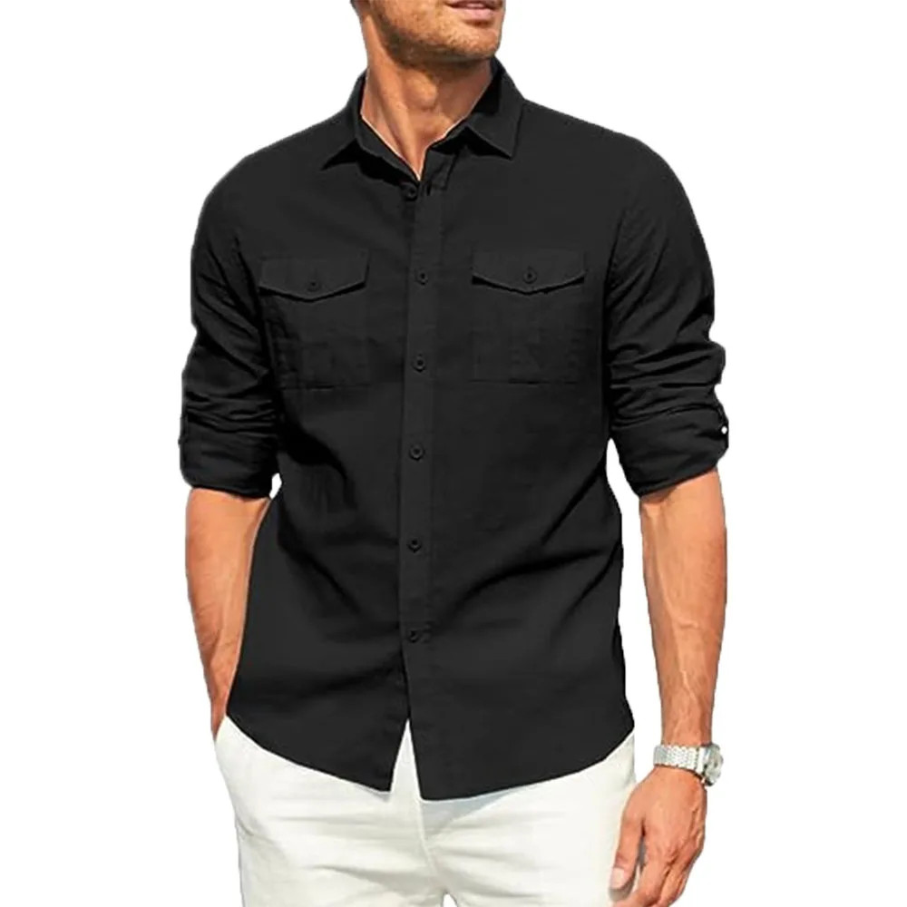 Men’s Cotton Linen Double Pocket Shirt Breathable Casual Smart Fit Holiday Gift gallery