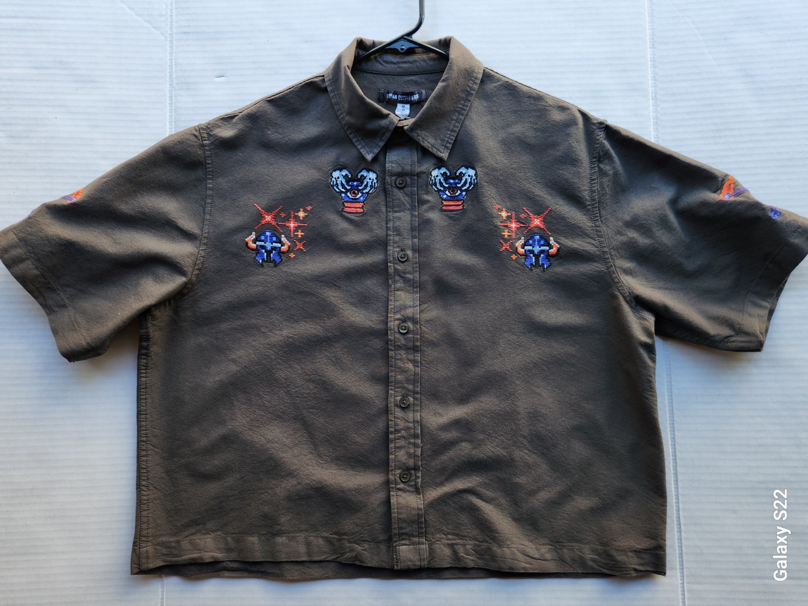 Urban Outfitters Men's Apparel Dark Olive Woven Top Polo Shirt - Size: Medium gallery