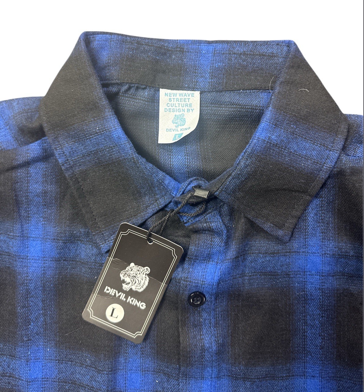 Devil King Sleeveless Flannel Shirt L NWT Plaid Biker Cutoff Vest Blue gallery