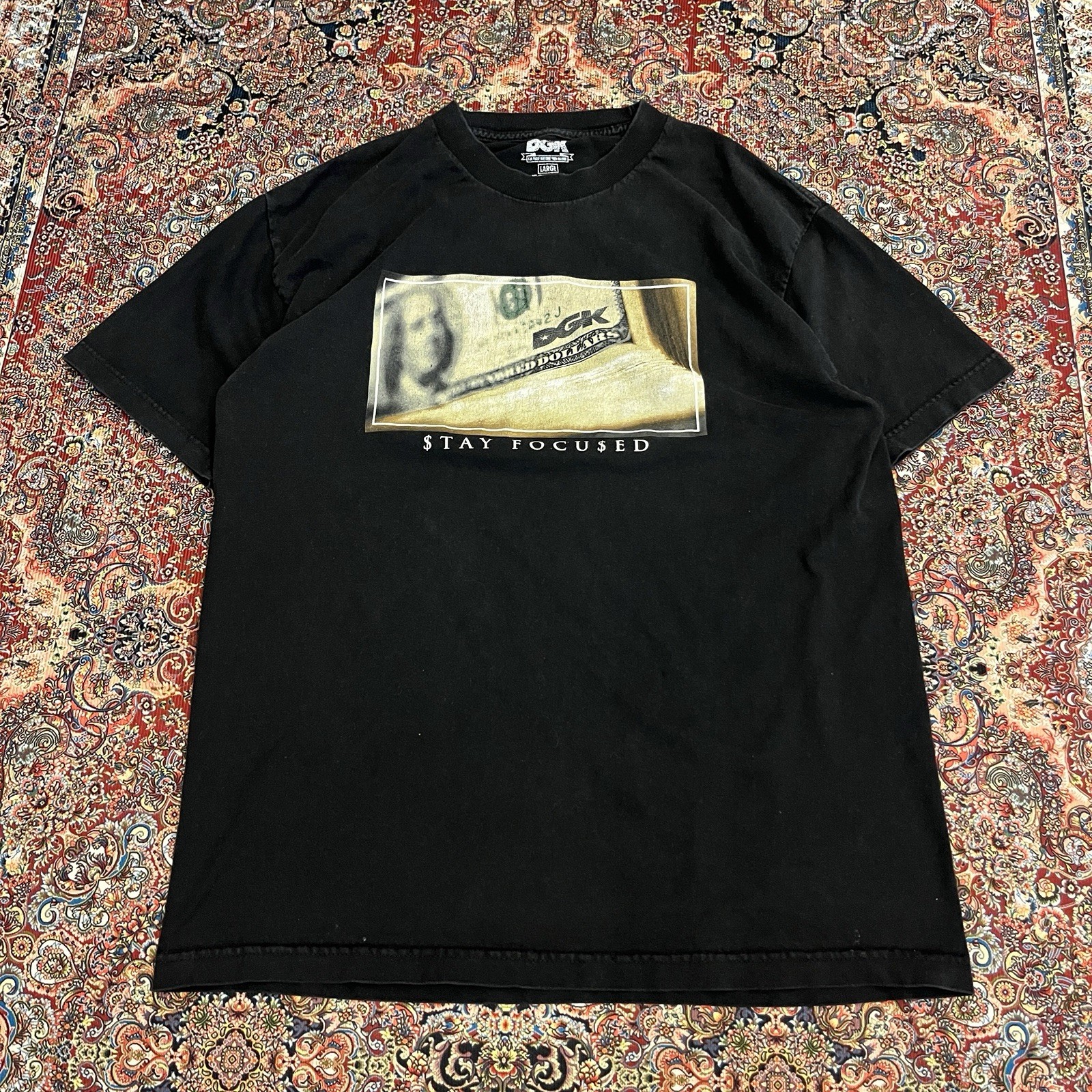 Vintage DGK Skateboards T Shirt Large Stay Focused Money Graphic Black Y2K Tee
