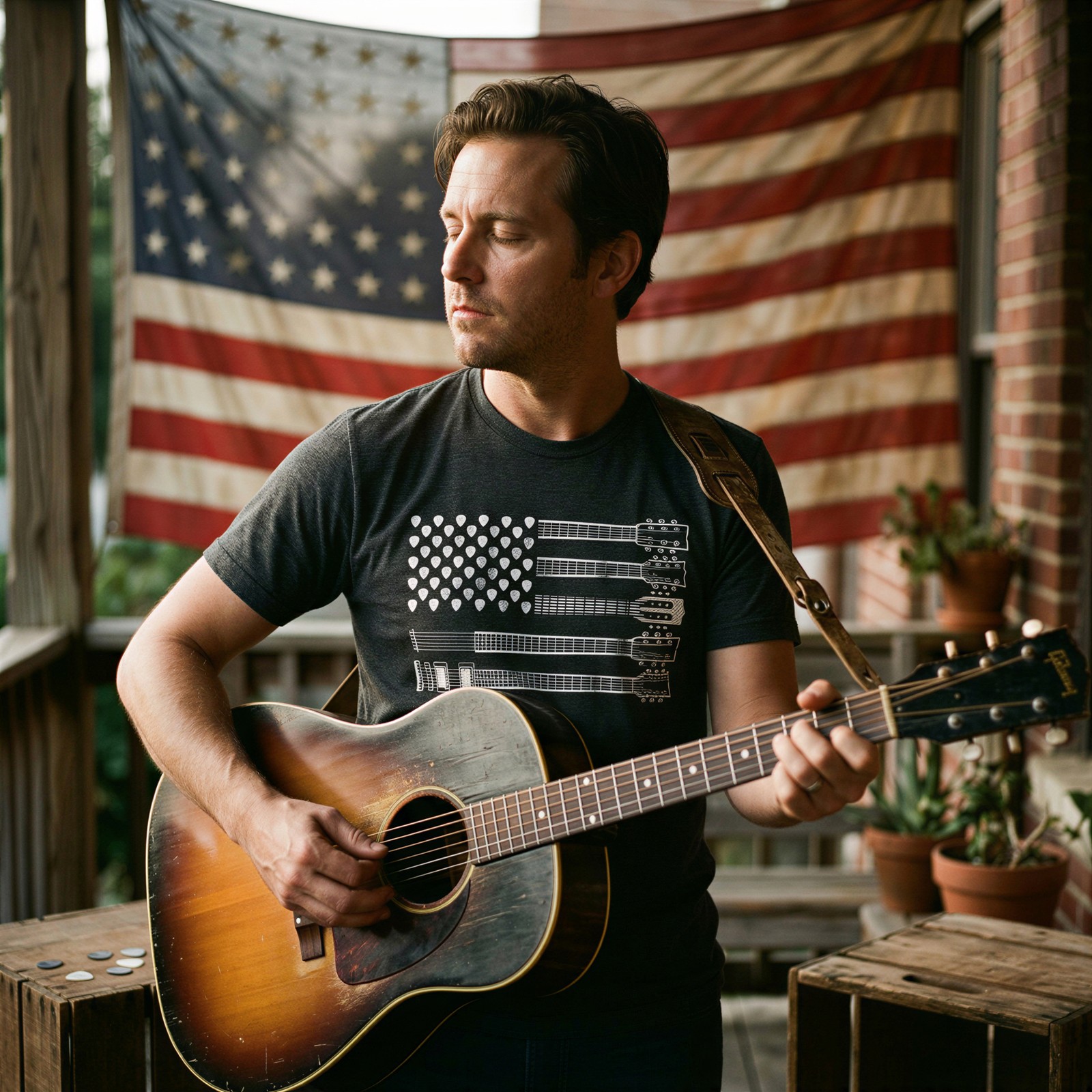 Mens Guitar Flag T Shirt Cool Rock and Roll 4th of July Musician Flag Graphic gallery