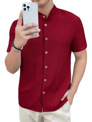 Men’s Stand Collar Textured Short Sleeve Button-Down Casual Summer Shirt