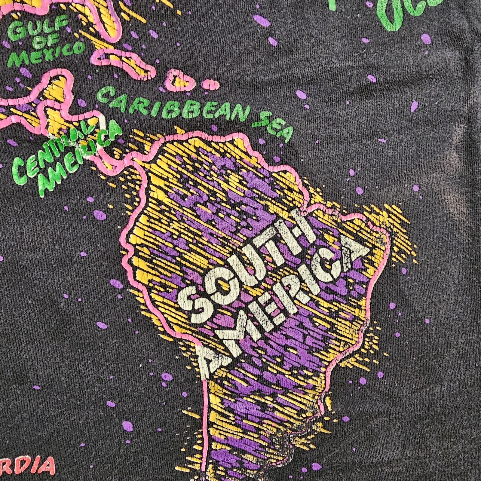 Vintage 90s World Map Camp T-Shirt Mens L Black Double Sided Neon Rave Single S gallery