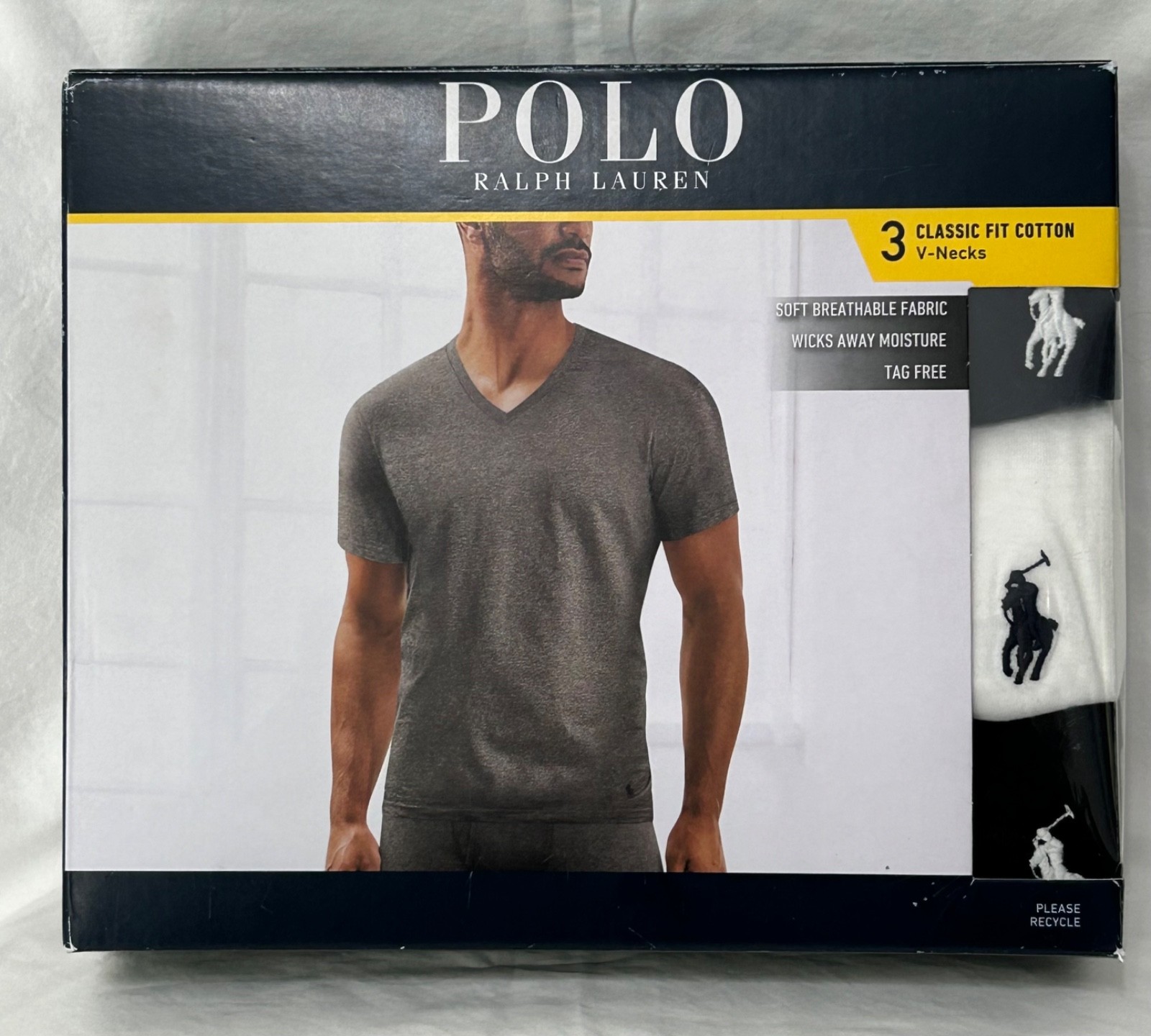 Polo Ralph Lauren Men’s Large Navy-Black-White Classic Fit V-Neck Shirt 3 Pack