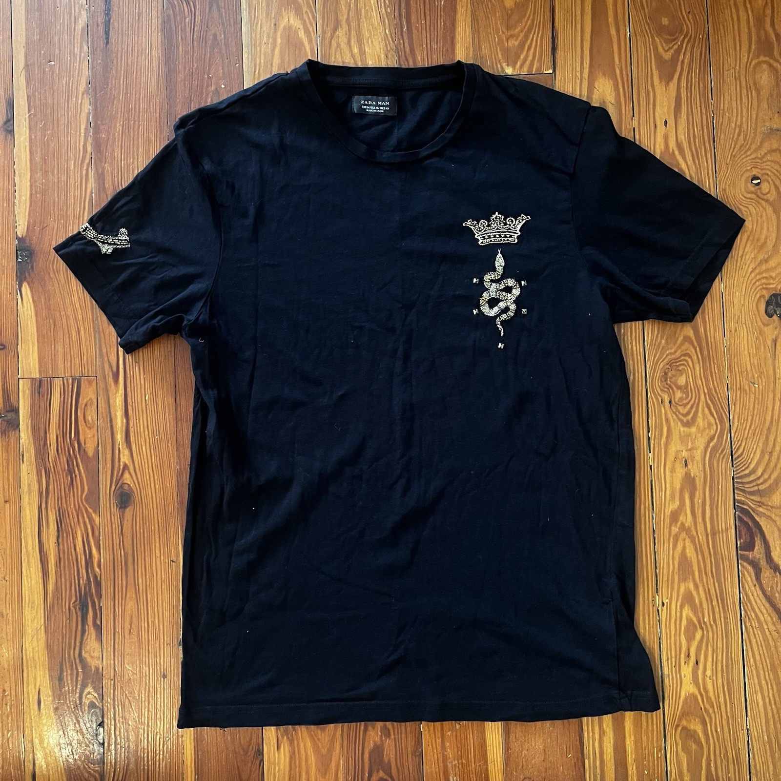 ZARA Man Black Beaded Sequin Snake Crown Embroidered T-Shirt Size M gallery