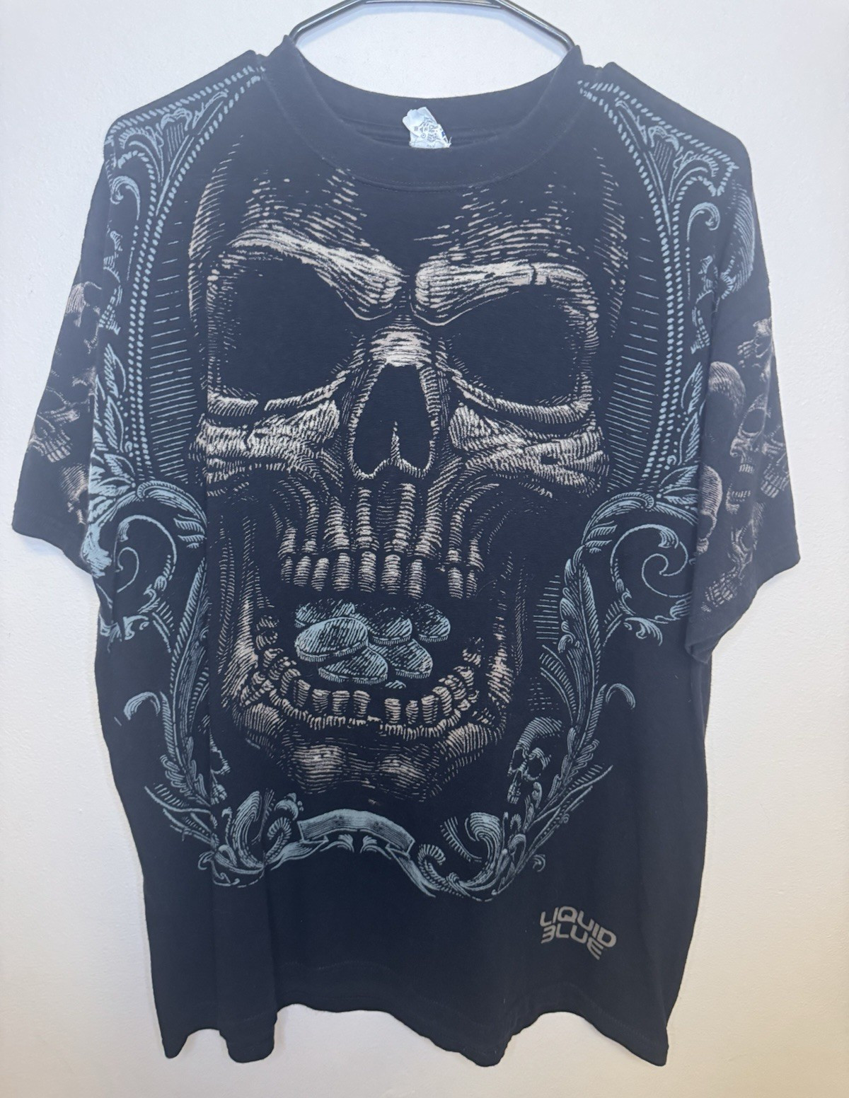 Vintage Liquid Blue Omnia Mors Aequat Skull T Shirt Large Gothic Occult Y2K AOP gallery