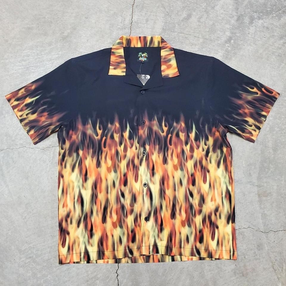 Bennys Aloha Shirts Black with Red Orange and Yellow Flames AOP Y2K