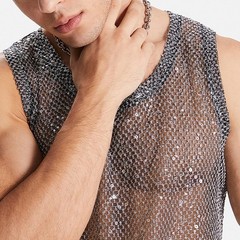 Glitter Sheer See Through Fishnet Tank Top for Men Sexy Mesh Vest Grey