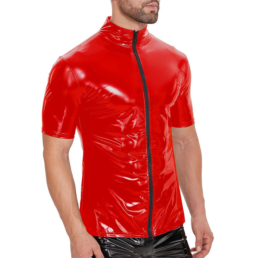 Mens Slim Shiny PVC Leather Shirts Short Sleeve Zipper T-Shirts Latex Club Tops gallery