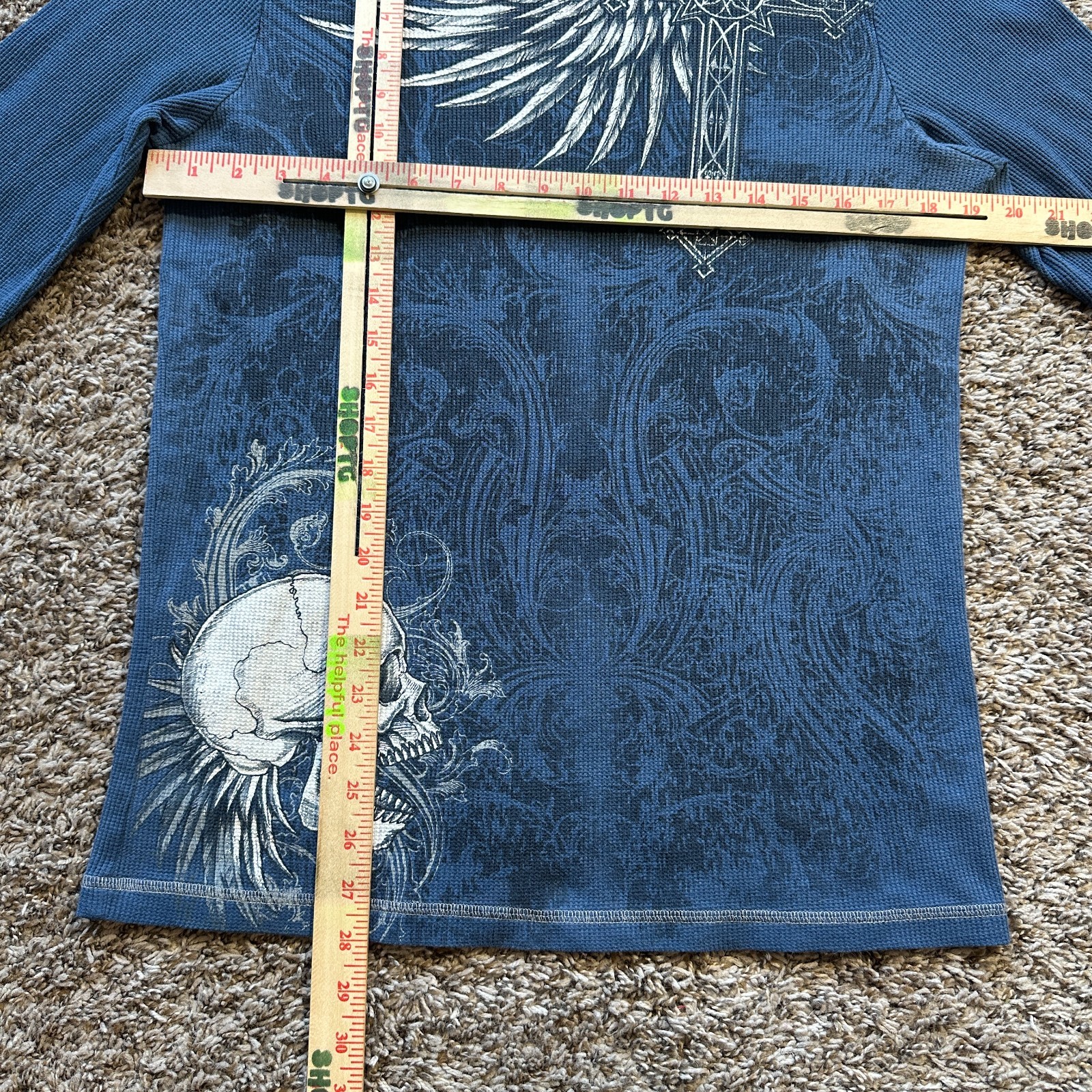 Vintage No Boundaries Thermal Shirt Size L Blue Y2K Skull Cross Wings Cyber Punk gallery