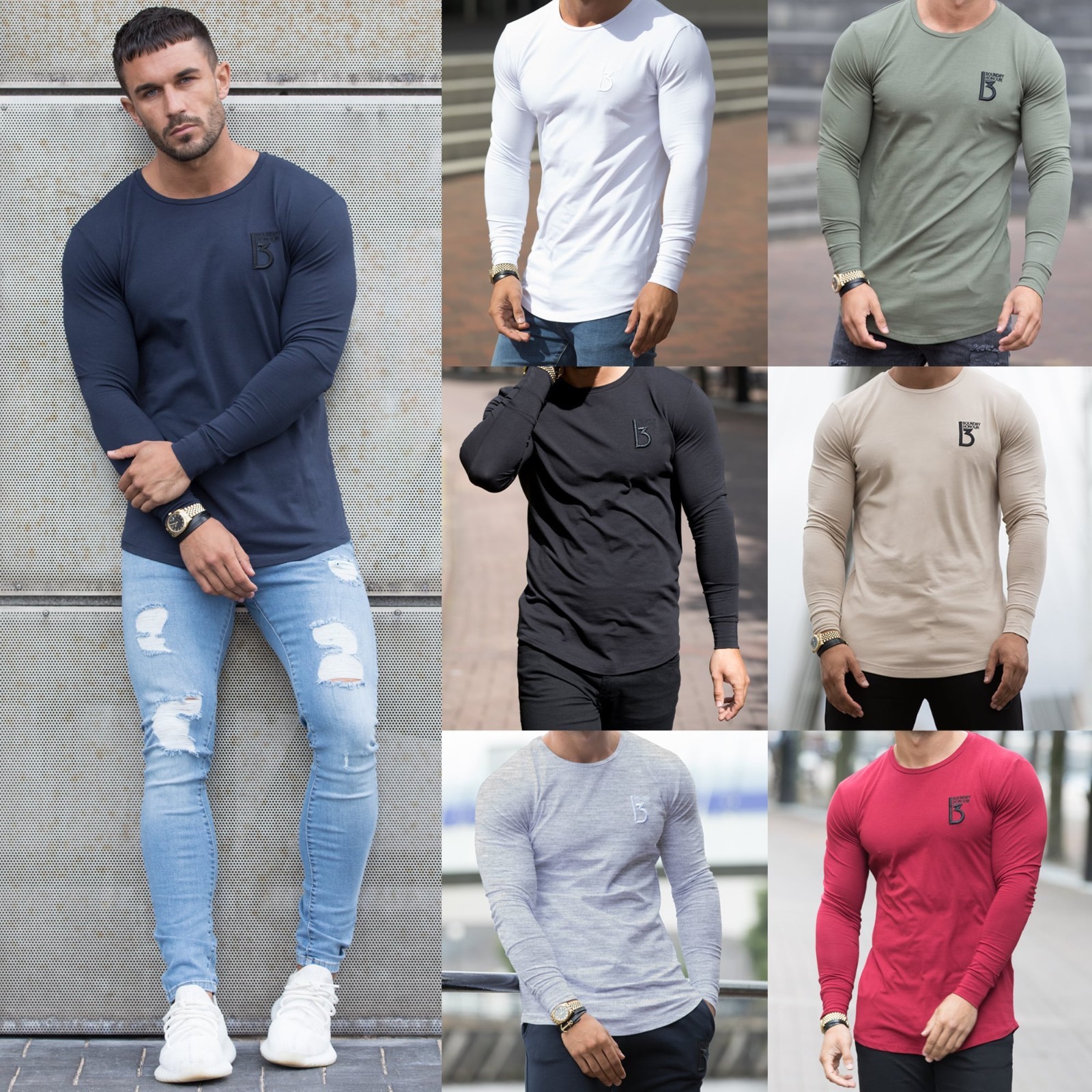 Mens Slim Muscle Fit Long Sleeve T Shirt Gym Designer Plain Curved Hem Tee Top gallery