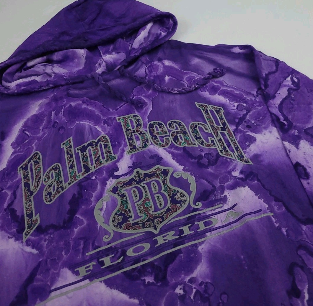 Vintage 90s Palm Beach Florida Purple Tie Dye Hoodie T Shirt USA Made Too Cool gallery