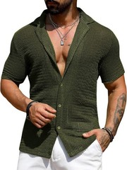 Men’s Beach Hollow Knit Button Down Shirt Breathable Summer Casual Top S-3XL