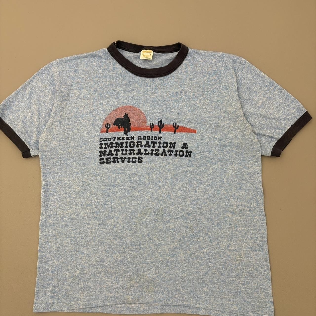 Vintage 70s Southwestern Immigration Ringer Shirt Blue Polycotton True Large gallery