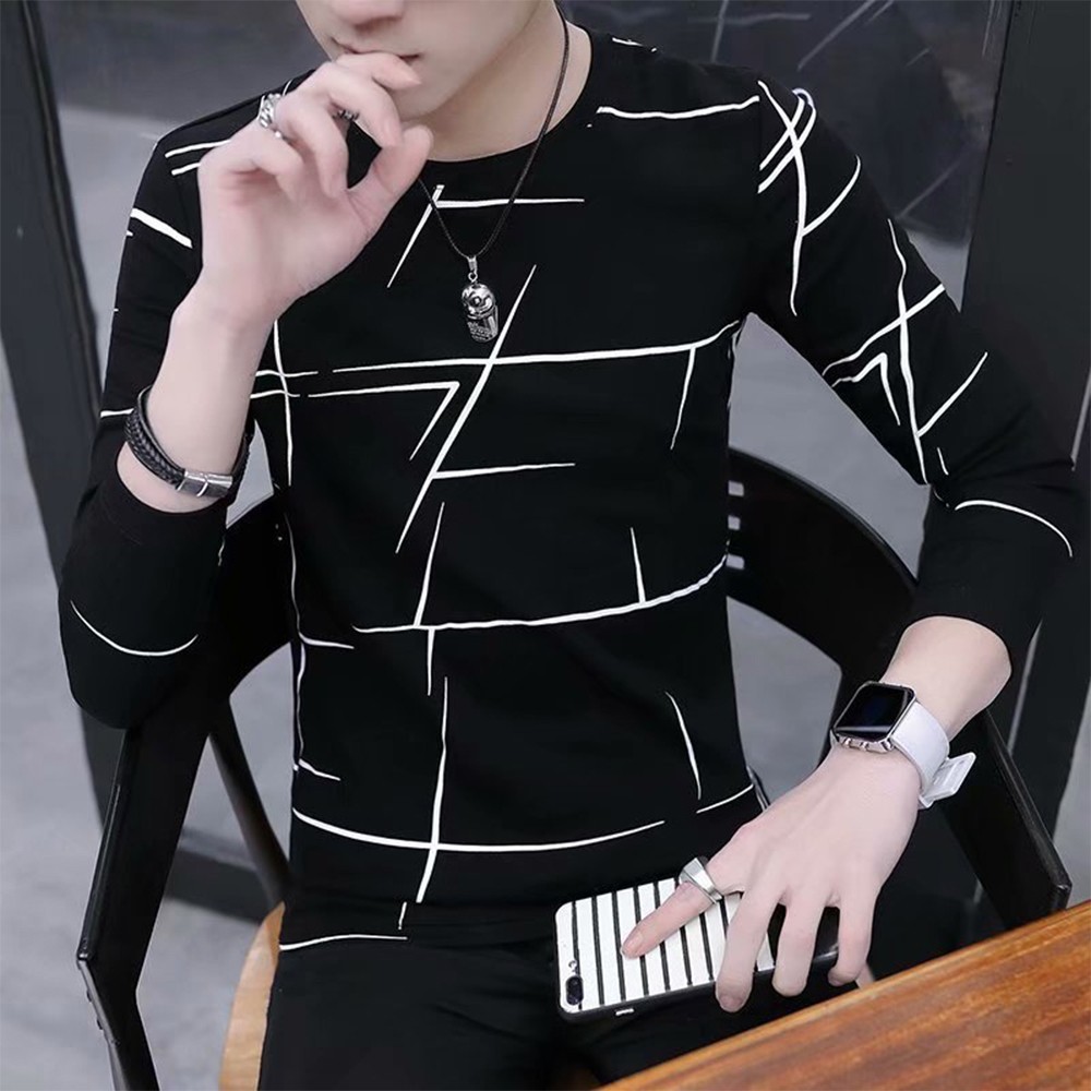 Mens O Neck Print T-shirt Blouse Pullover Long Sleeve for Slim Fit Muscle Tops gallery