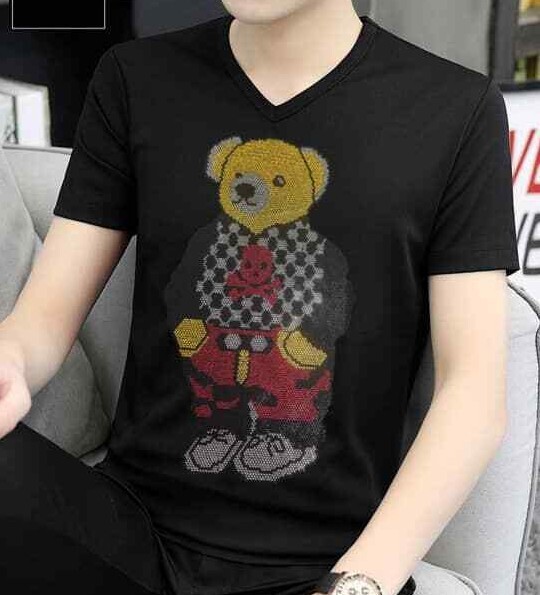 New Men Fashion V-Neck Diamond Rhinestones Bear Luxury Black T-Shirt