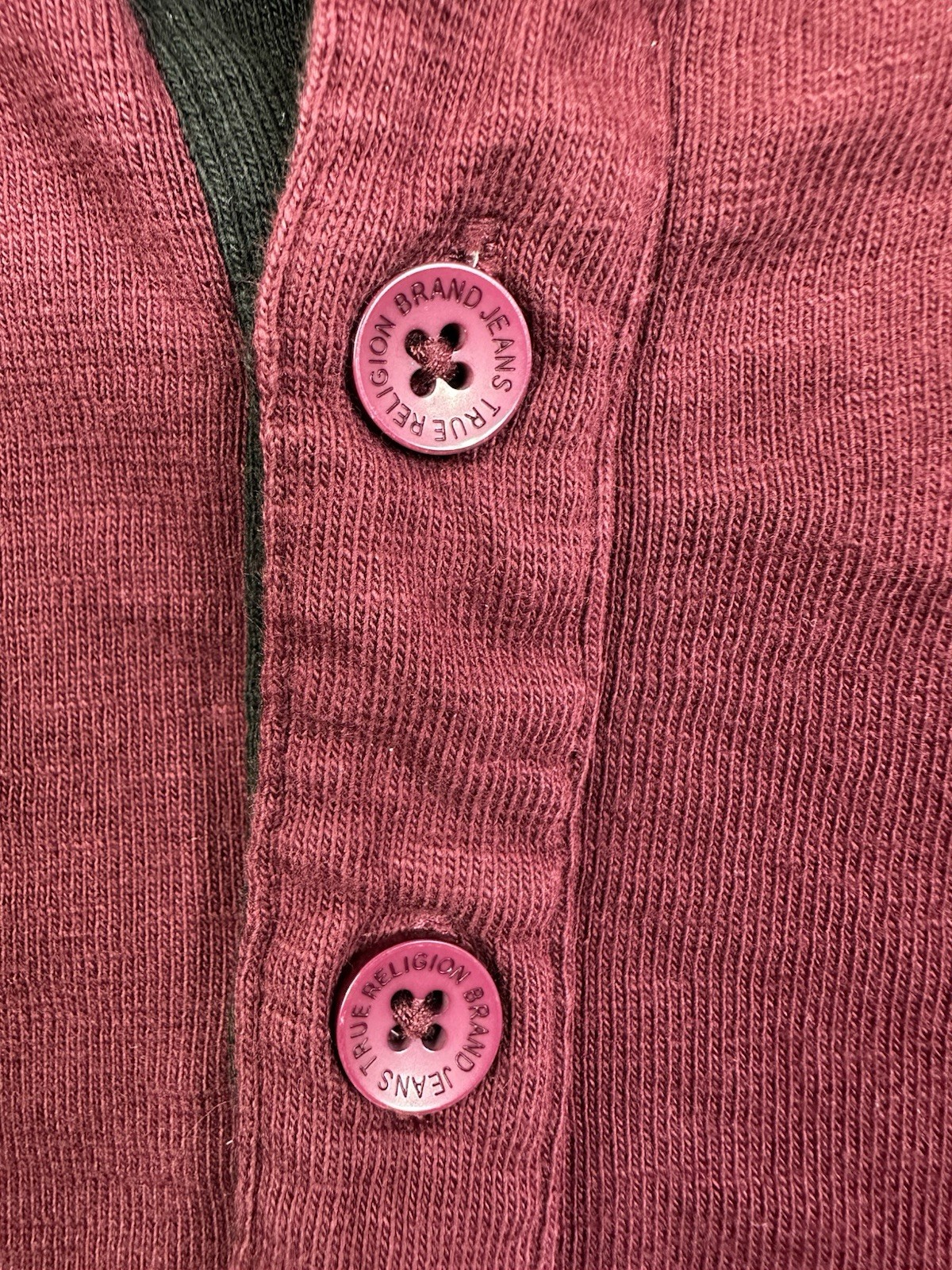 True Religion Mens 2XL Henley Shirt Burgundy Slub Knit Horseshoe Logo Maroon XXL gallery