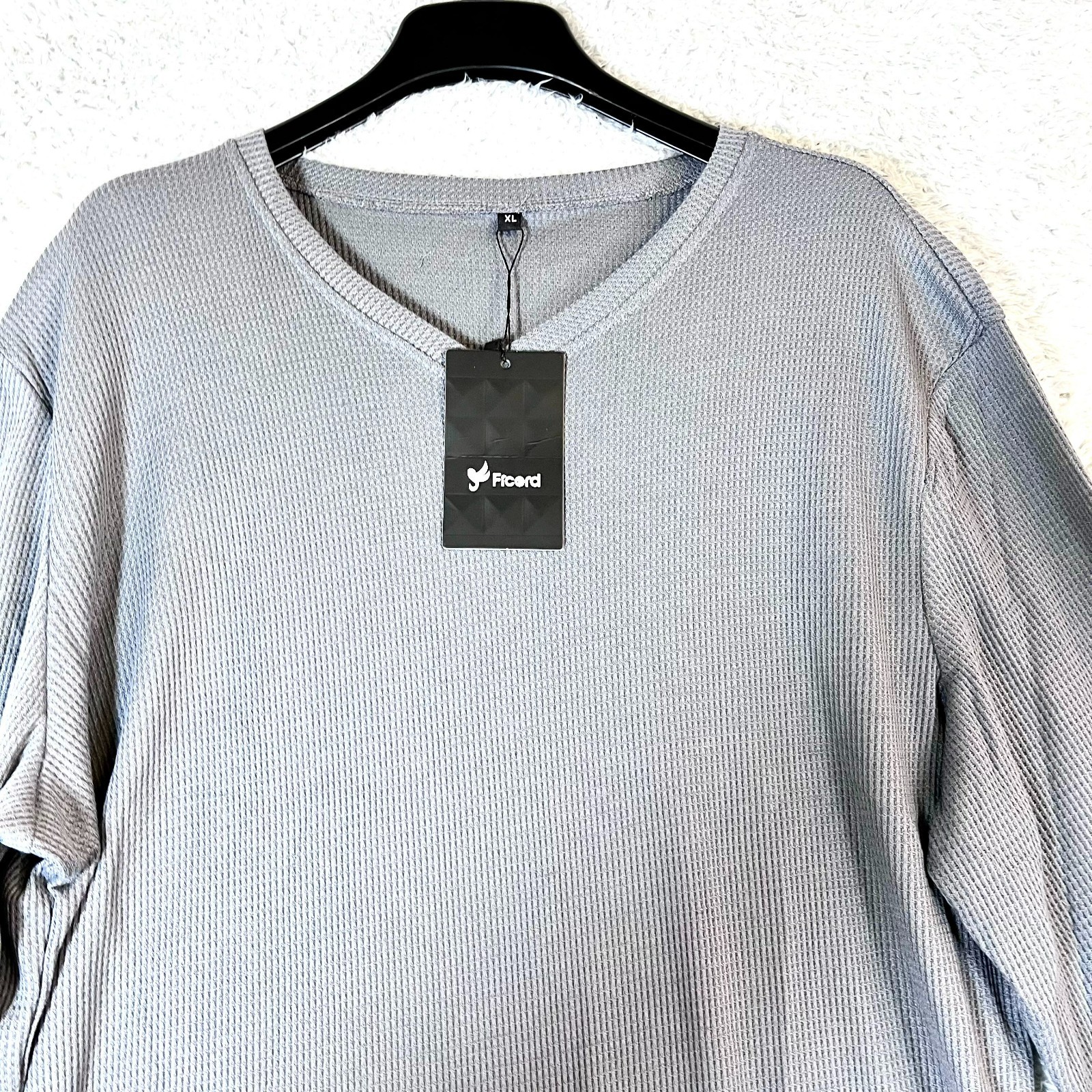 Ficerd Men's Solid Gray V-neck Long Sleeve Thermal Waffle T-Shirt Size XL gallery