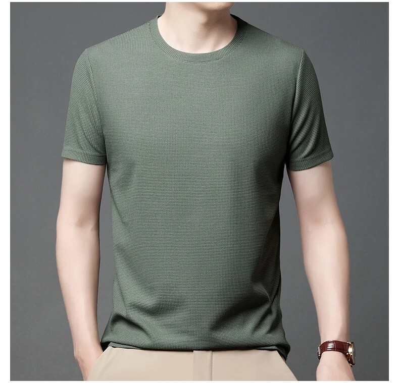 New Men Summer Waffle Round Neck Short Sleeve T-Shirt Breathable Stylish Gift gallery