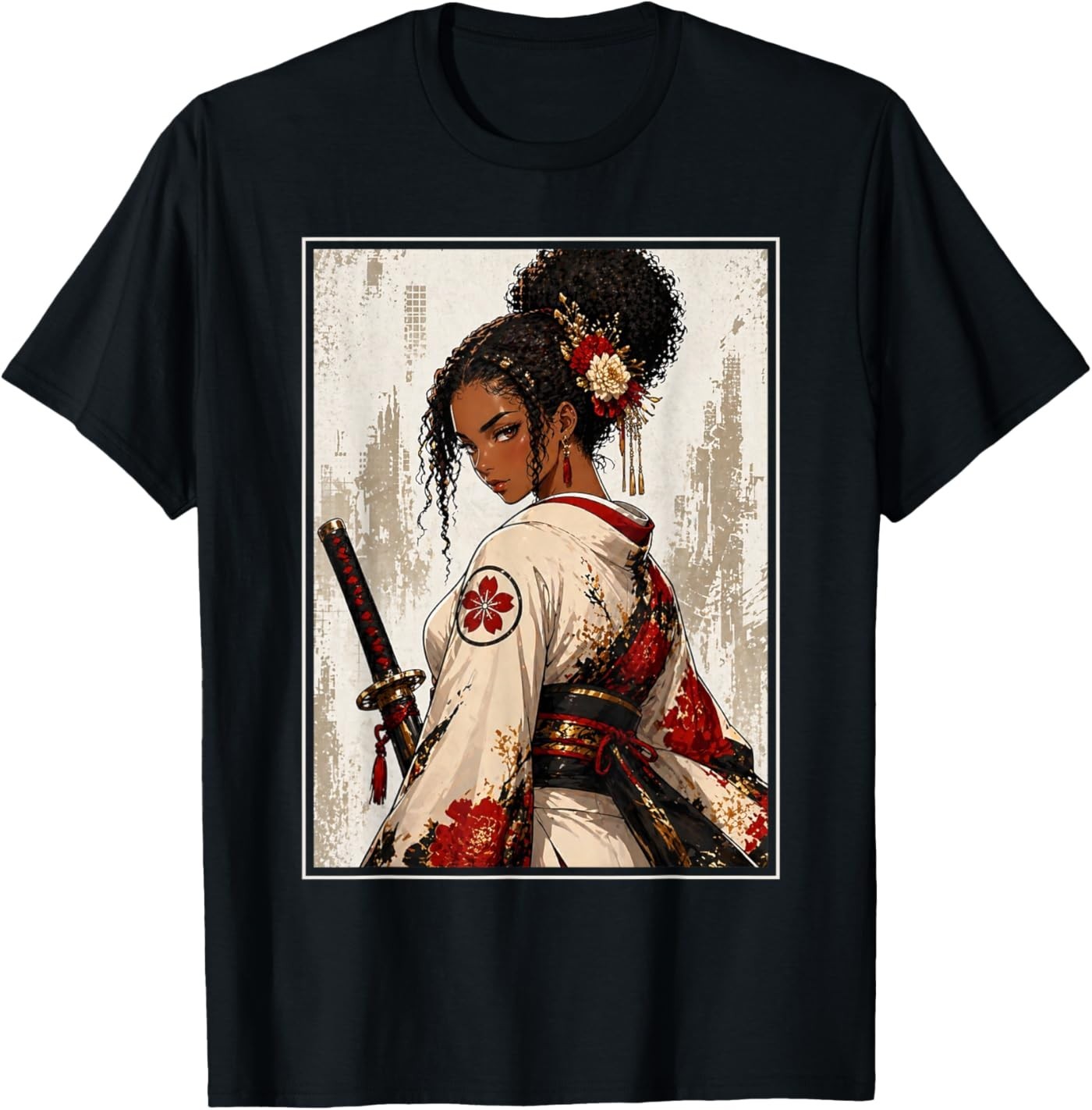 Black Anime Samurai Girl Japanese Aesthetic Art T-Shirt gallery