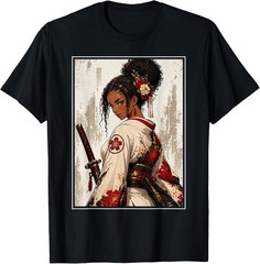 Black Anime Samurai Girl Japanese Aesthetic Art T-Shirt