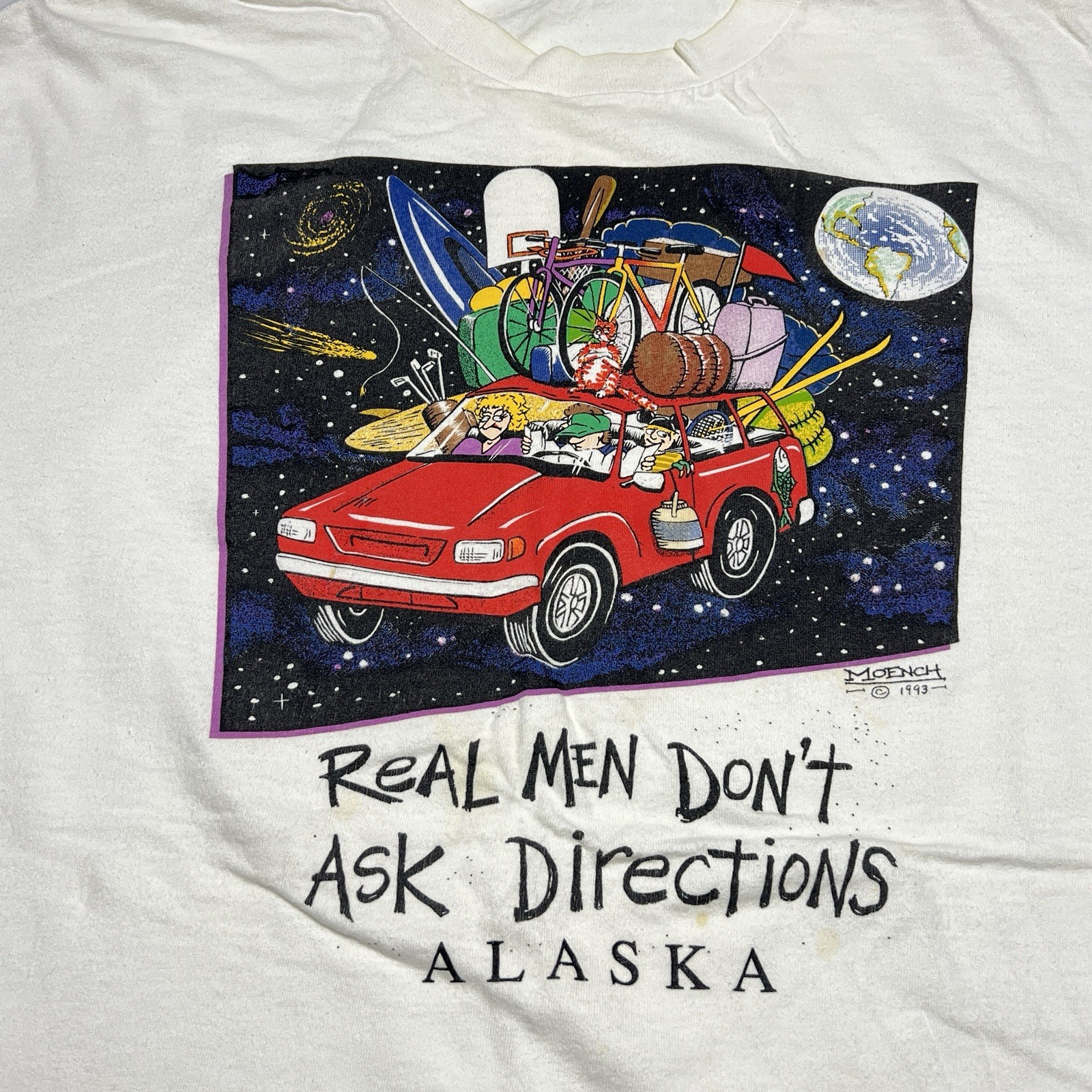 Vtg Real Men Don't Ask Directions Shirt Mens XL Moech Art Comic Funny 1993 gallery