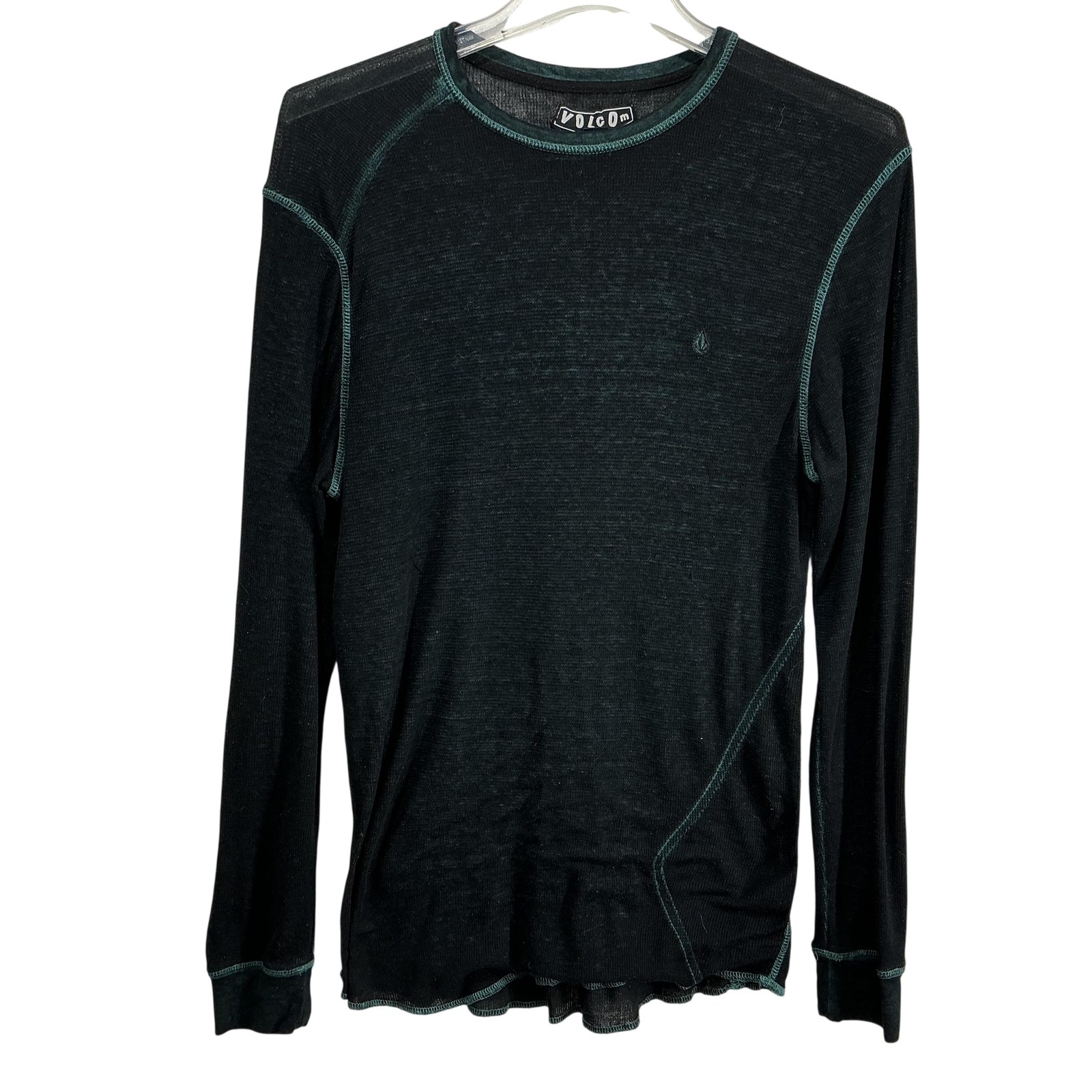 Volcom Shirt Mens Medium Green Burnout Thermal Semi Sheer Long Sleeve Crewneck