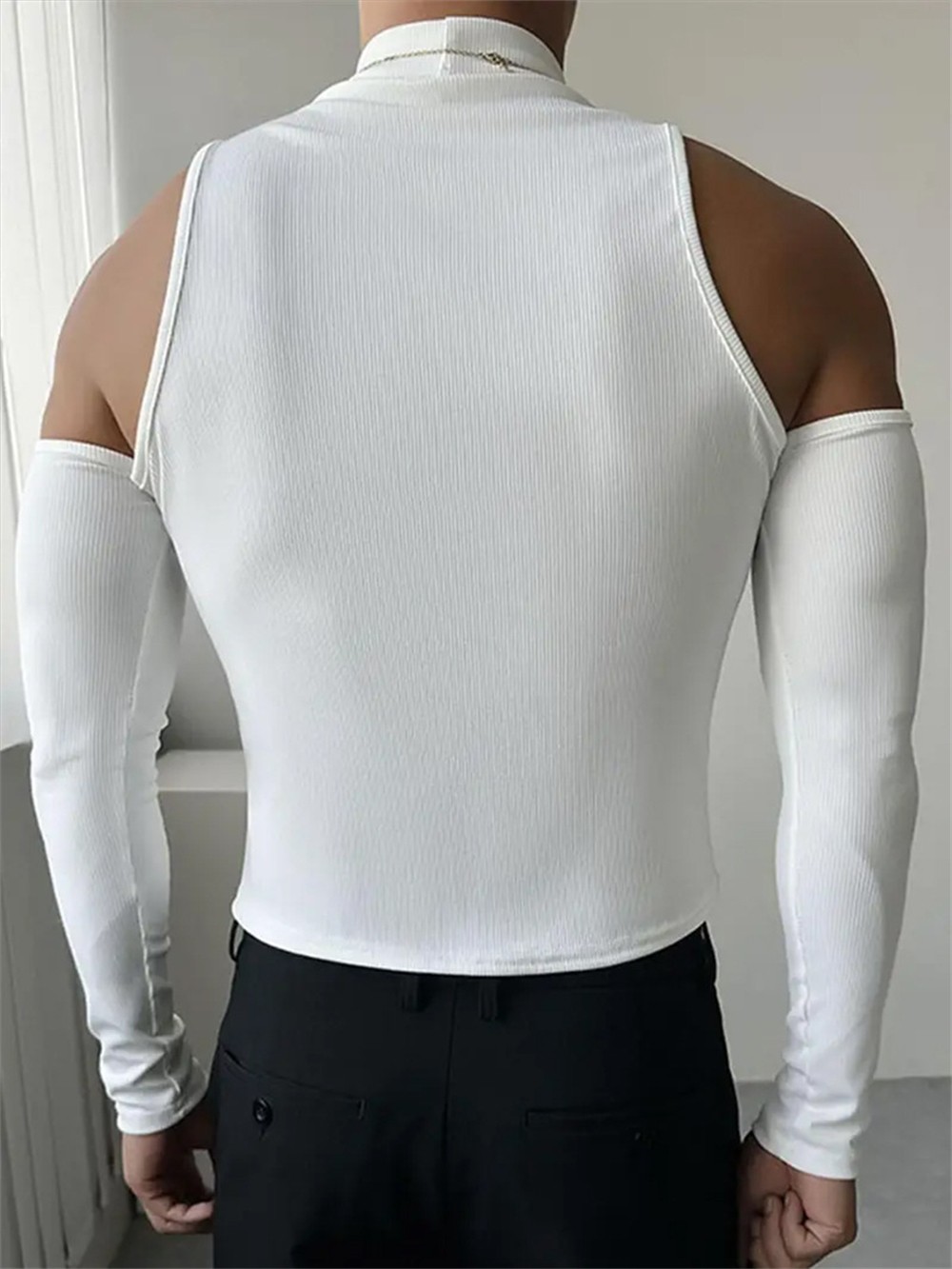 Mens Cold Shoulder Top Casual Pullover Skinny Long Sleeve T-Shirt Sexy Crop Tops gallery